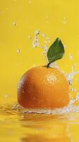 ai genererad orange frukt på de vatten isolerat på gul bakgrund foto