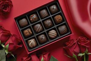 ai genererad öppen låda av choklad praliner med röd ro bukett på en röd bakgrund valentines dag platt lägga foto