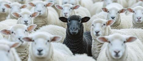 ai genererad stående ut. en flock av vit får med ett djärv svart får i de Centrum, symboliserar individualitet och unikhet. foto