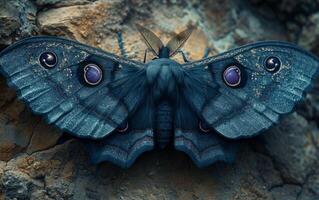 ai genererad stor blå fjäril ställer ut okulär mönster foto