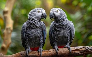 ai genererad en duo av afrikansk grå papegojor på en gren i de vildmark foto
