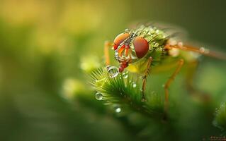 ai genererad husfluga med daggdroppar vilar på en blommig kronblad foto