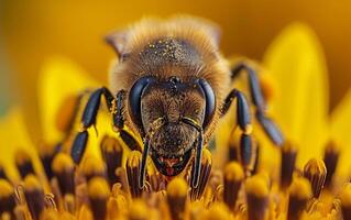 ai genererad en honungsbi pollen samling på en färgrik solros blomma foto