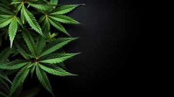 ai genererad grön cannabis blad stänga upp på svart bakgrund med solljus och glöd. medicinsk marijuana odling. kopia Plats foto