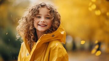 ai genererad Lycklig flicka i de regn i gul regnrock. närbild porträtt av en skrattande flicka av 8-12 år gammal. foto