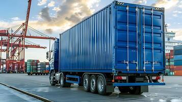ai genererad lastbil trailer på de pir i de frakt hamn terminal med kranar och behållare. ai genererad foto