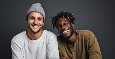 ai genererad två olika ung män leende och ser på de kamera med en fast Färg bakgrund foto