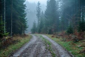 ai genererad se av en Land grus väg genom en gran skog täckt med dimma foto