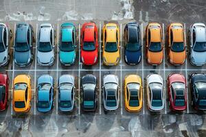 ai genererad många annorlunda bilar stående i rader i de parkering massa, topp antenn se foto