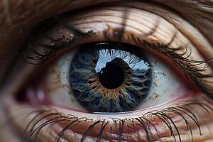 ai genererad makro närbild av ett gammal kvinnas blå öga med svår rynkor foto
