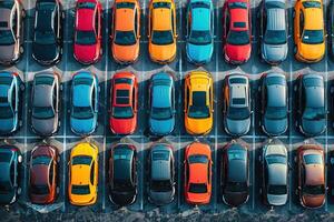 ai genererad många annorlunda flerfärgad bilar stående i rader i de parkering massa, topp antenn se foto