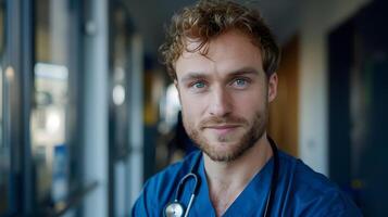 ai genererad porträtt av en manlig medicinsk arbetstagare med en stetoskop. ai genererad foto