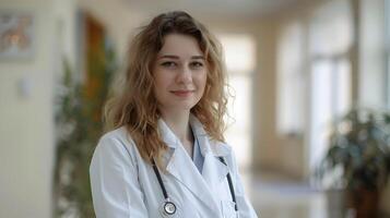 ai genererad porträtt av en kvinna medicinsk arbetstagare med en stetoskop. ai genererad foto