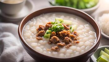 ai genererad congee med mald fläsk i skål foto