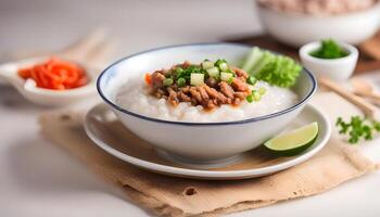 ai genererad congee med mald fläsk i skål foto