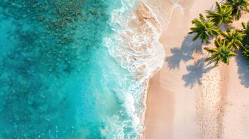 azurblå kust av de hav med handflatan träd, sand, surfa och skal. ai genererad foto
