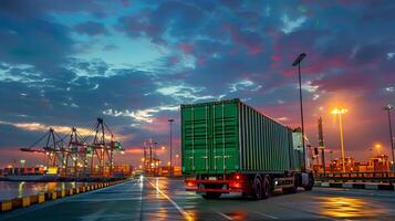 ai genererad lastbil trailer på de pir i de frakt hamn terminal med kranar och behållare. ai genererad foto