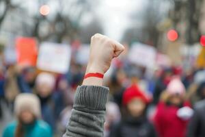 ai genererad fast besluten näve Uppfostrad i solidaritet på en offentlig demonstration med suddig bakgrund foto