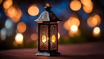 ai genererad dekorativ arabicum lykta med brinnande ljus lysande på natt. foto
