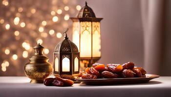 ai genererad ramadan lampa och datum fortfarande liv foto