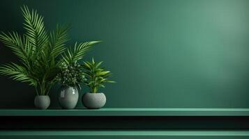 ai genererad grön rum med tre vit vaser och grön växt foto