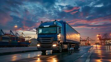 ai genererad lastbil trailer på de pir i de frakt hamn terminal med kranar och behållare. ai genererad foto