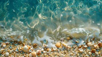 ai genererad azurblå kust av de hav med handflatan träd, sand, surfa och skal. ai genererad foto