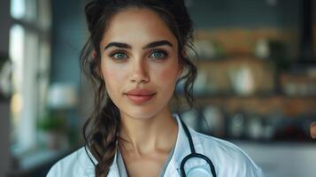 ai genererad porträtt av en kvinna medicinsk arbetstagare med en stetoskop. ai genererad foto