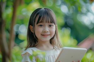 ai genererad porträtt av leende asiatisk flicka använder sig av läsplatta. utbildning och teknologi, skärm missbruk begrepp foto