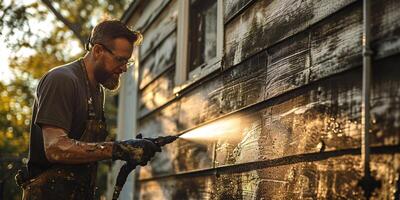 ai genererad en vit manlig använder sig av en sudd innehav vatten spruta wand till tryck rena de exteriör av en Hem. foto