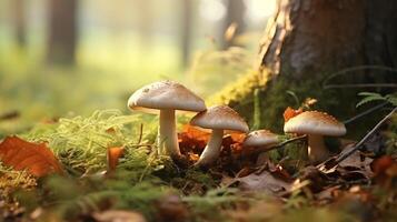 ai genererad underbar makro skott av höst skog svampar mitt i fallen löv, skildrar de förtjusande spela teater av svamp födosök. foto