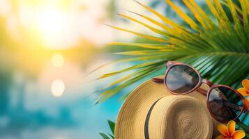 ai genererad en hatt och solglasögon på en strand med handflatan löv inramning en solig marinmålning foto