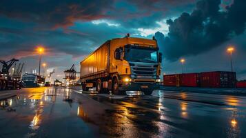 ai genererad lastbil trailer på de pir i de frakt hamn terminal med kranar och behållare. ai genererad foto