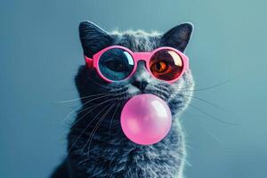 ai genererad porträtt av ryska blå katt blåser bubbla gummi, bär neon glasögon. generativ ai foto
