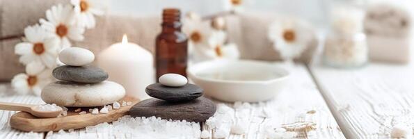 ai genererad lugn spa baner med zen stenar, ljus, prästkragar, och bad salt för en lugn wellness erfarenhet foto