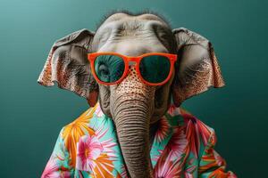 ai genererad en eleganta elefant bär solglasögon och sommar kostym på Färg bakgrund, djur- rolig pop- konst foto