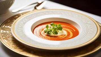 ai genererad tomat grädde soppa i en restaurang, engelsk landsbygden utsökt kök meny, kulinariska konst mat och bra dining foto