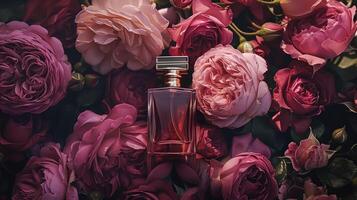 ai genererad parfym flaska i blommor, doft på blomning bakgrund, blommig doft och kosmetisk produkt foto