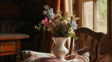 ai genererad vår blommor i årgång vas, skön blommig arrangemang, Hem dekor, bröllop och blomsterhandlare design foto