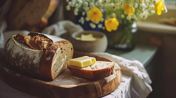 ai genererad bröd och Smör, hemlagad bakning och traditionell mat, Land liv foto