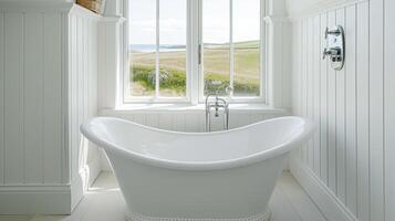 ai genererad vit stuga badrum dekor, interiör design och Hem dekor, badkar och badrum möbel, engelsk kust Land hus foto