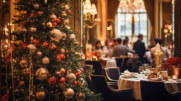 ai genererad jul högtider och ny år firande, middag tabell och gäster på en lyx engelsk styled restaurang eller hotell, jul träd dekoration, Semester fest och händelse inbjudan foto
