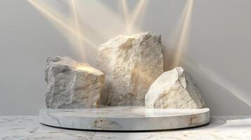ai genererad en vit och guld av en natur marmor plattform omgiven förbi rocks. de bakgrund är geometrisk sten och sten form, minimalistisk attrapp för podium visa monter, studio rum foto
