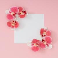 trendig vår och sommar sammansättning tillverkad med skön rosa och vit orkide blommor och papper kort notera kopia Plats på ljus pastell rosa bakgrund. minimal begrepp. platt lägga. foto