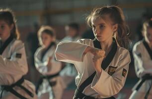 ai genererad en ung flicka praxis karate eller taekwondo krigisk konst. generativ ai. foto