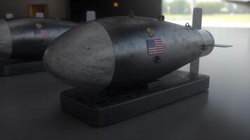 kärn missil på de bakgrund flagga av usa. vapen av massa förstörelse. kärn, kemisk vapen, strålning. 3d illustration foto