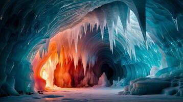 ai genererad en färgrik is grotta med ljus lysande genom de slutet. de is visas till vara smältande. ai generativ foto