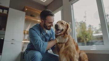 ai genererad porträtt av en ung leende manlig veterinär omtänksam för en Lycklig gyllene retriever i en veterinär kontor foto