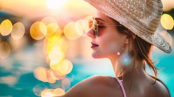 ai genererad porträtt av en skön ung kvinna i hatt och solglasögon på solnedgång foto