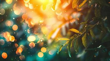 ai genererad grön löv bakgrund med bokeh och solljus. natur bakgrund. foto